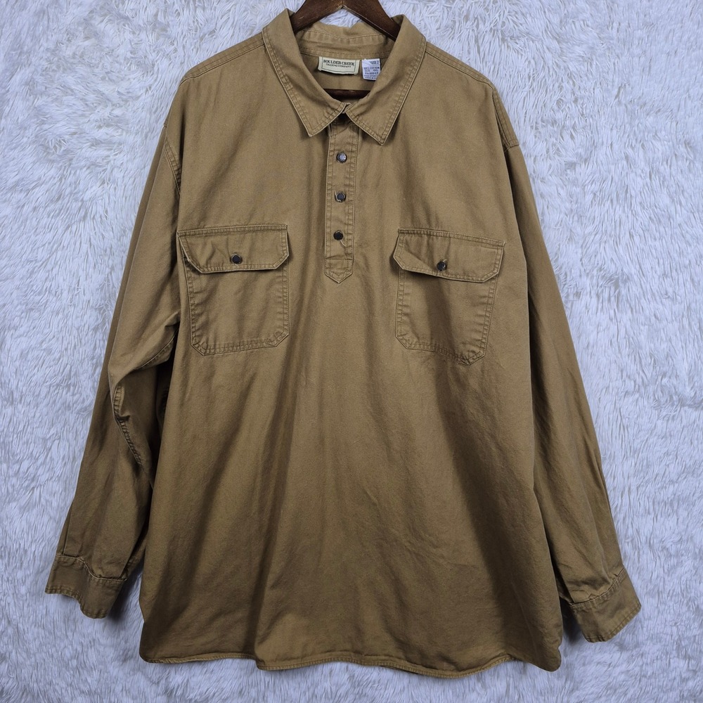 Boulder Creek Mens 4XL Tan Popover Canvas Long Sleeve Henley Work Shirt Khaki